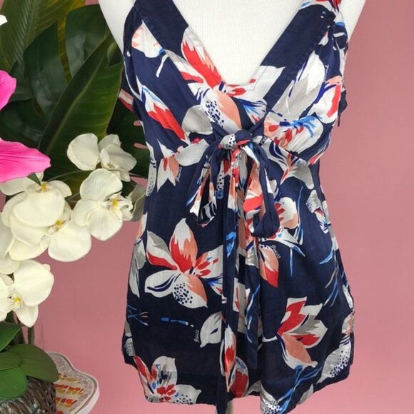 Guess Jeans Silk Navy Tropical Orchid Floral 4th of July Top - Picture 5 of 8